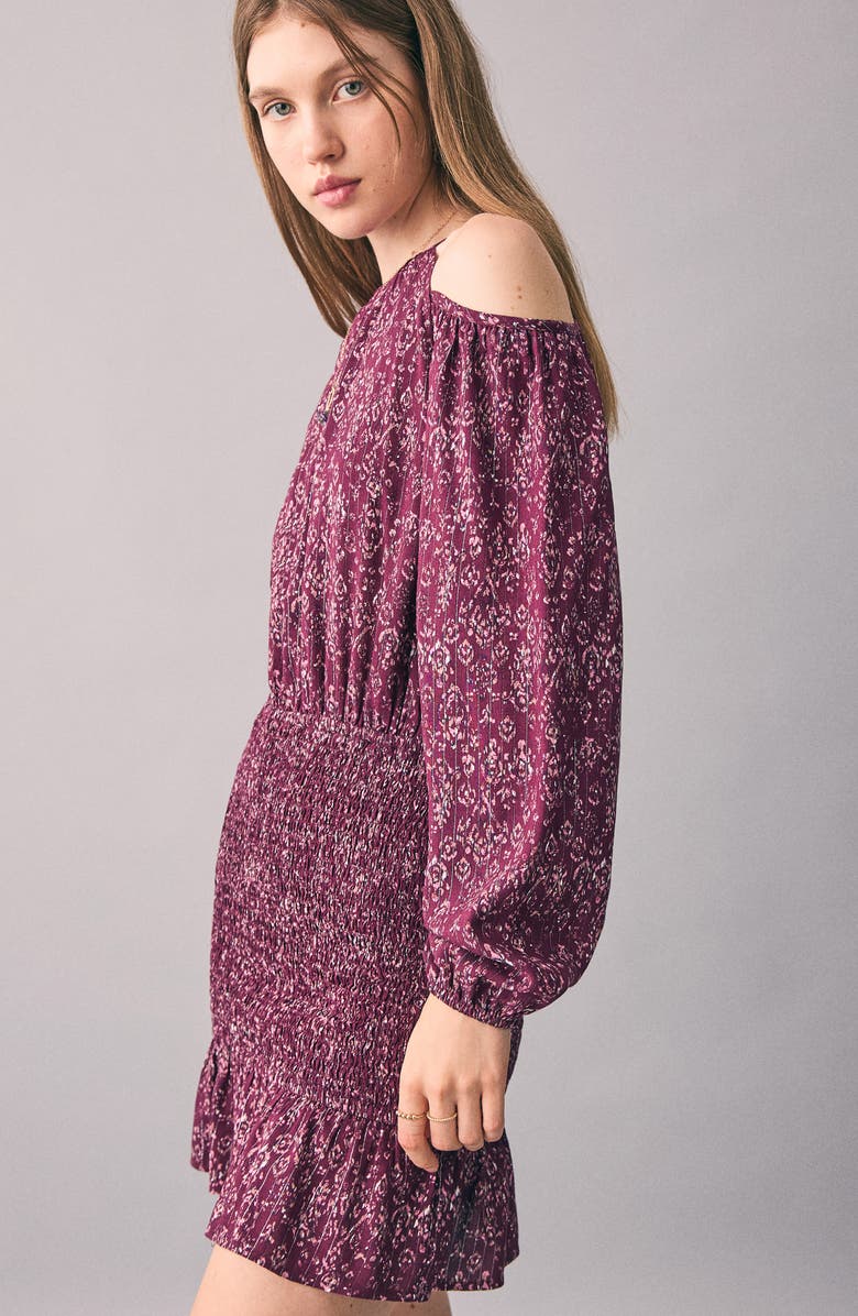 MANGO TEEN Metallic Cold Shoulder Long Sleeve Dress, Alternate, color, Maroon