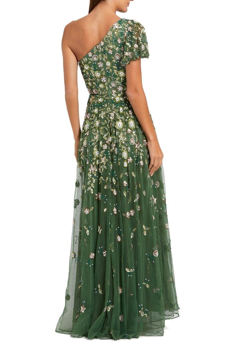 Floral Embellished Mesh One Shoulder Gown, Alternate, color, Sage