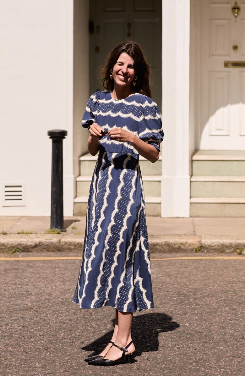 Boden Scallop Stripe Dress, Alternate, color, French Navy, Dainty Scallop