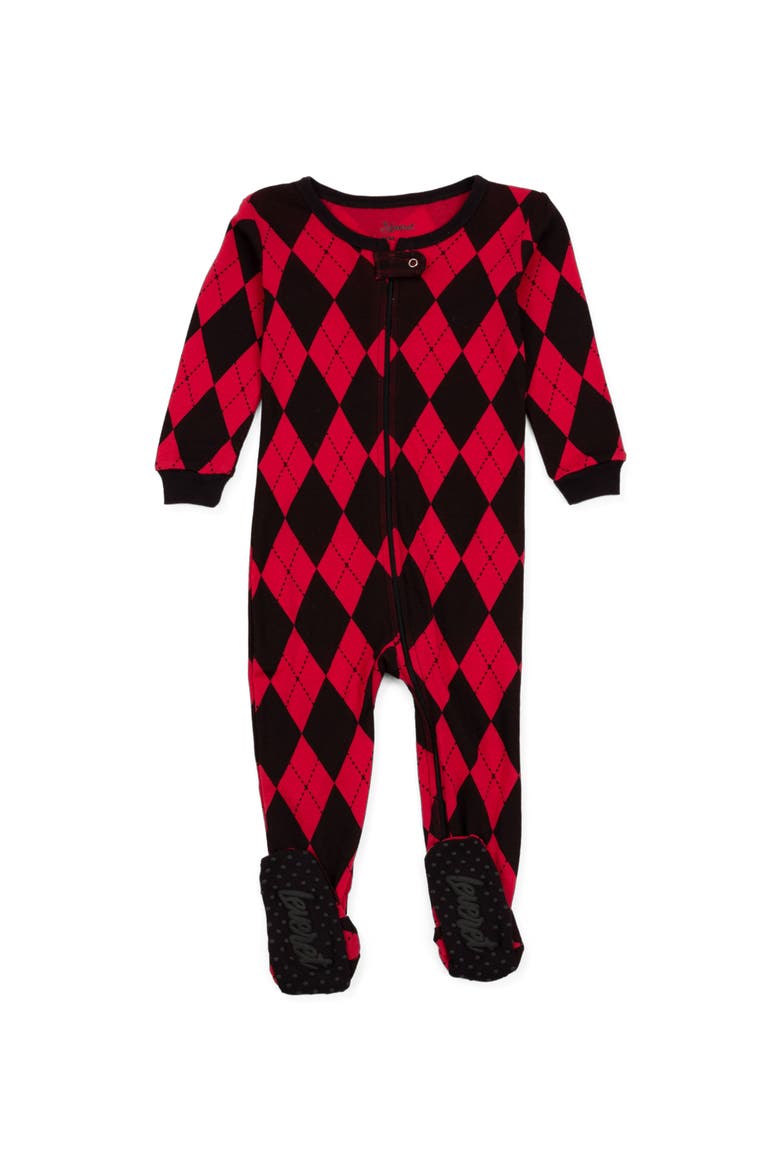 Kids Footed Printed Cotton Matching Family Holiday Pajamas, Argyles & Holiday Prints, Alternate, color, Argyle Black & Red