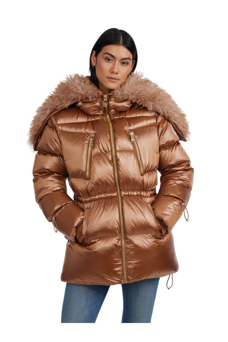 Electra Mid Puffer with Detachable shearling Lined Split Hood, Main, color, Copper