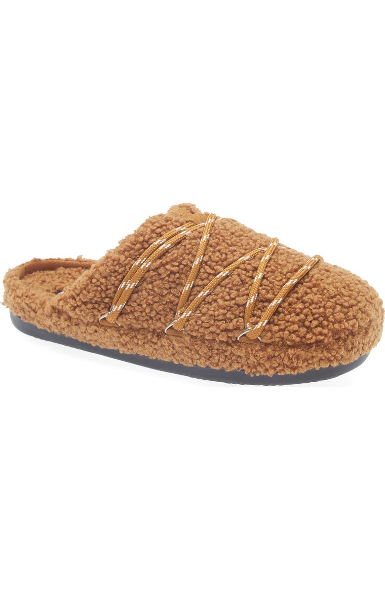 Moon Boot<sup>®</sup> Teddy Water Repellent Scuff Slipper, Main, color, Cognac