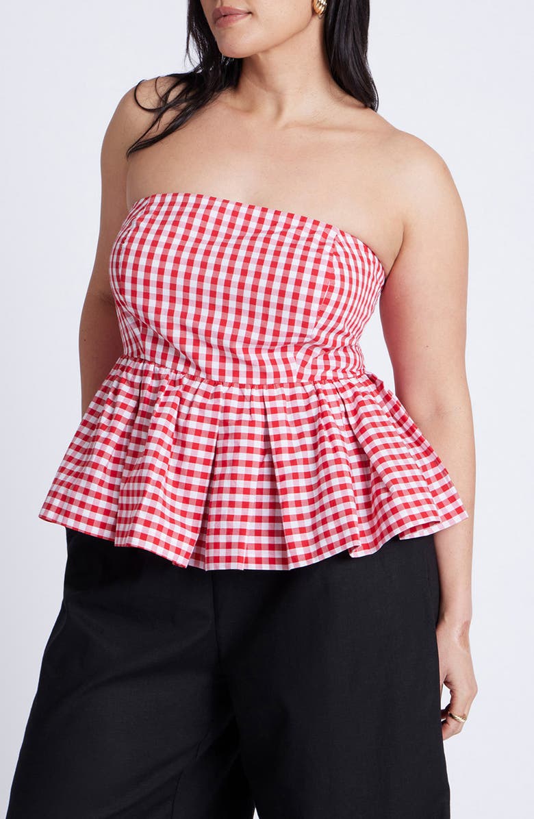 ELOQUII Gingham Strapless Peplum Top, Main, color, 