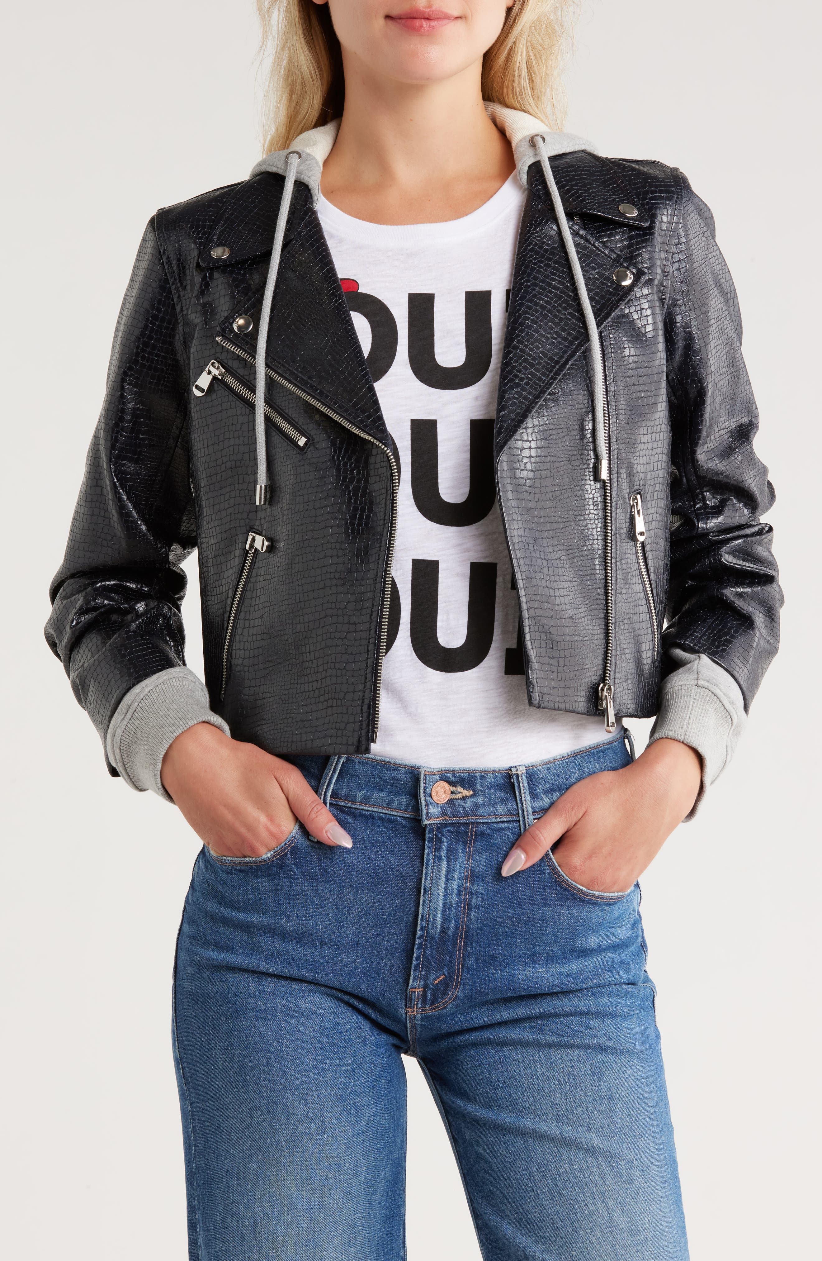 Cinq à Sept Evie Snakeprint Embossed Mixed Media Faux Leather Moto Jacket