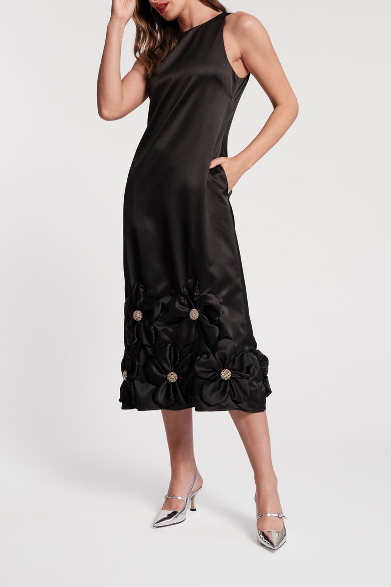Francesca Maxi Dress w/Flowers Floral Satin Poly Satin, Alternate, color, Black