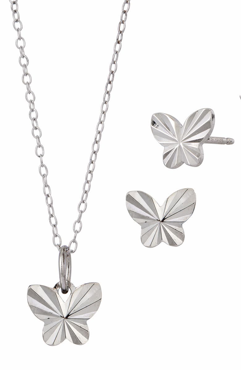 SAVVY CIE JEWELS Sterling Silver Butterfly Stud Earrings & Pendant Necklace Set, Alternate, color, Silver