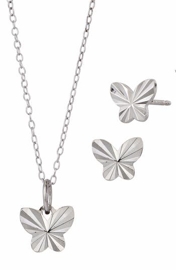 Savvy Cie Jewels Sterling Silver Butterfly Stud Earrings & Pendant Necklace Set In Silver