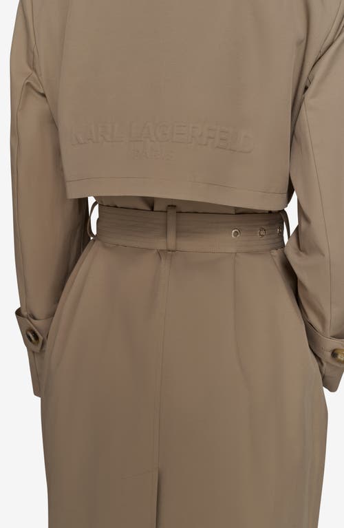 Karl Lagerfeld Paris Water Resistant Embossed Logo Detail Cotton Blend Trench Coat In Khaki