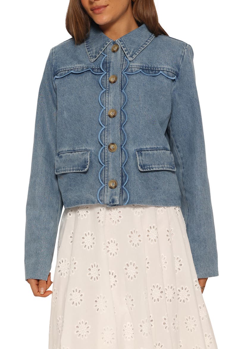 Heidi Scalloped Trim Denim Jacket, Main, color, MEDIUM WASH