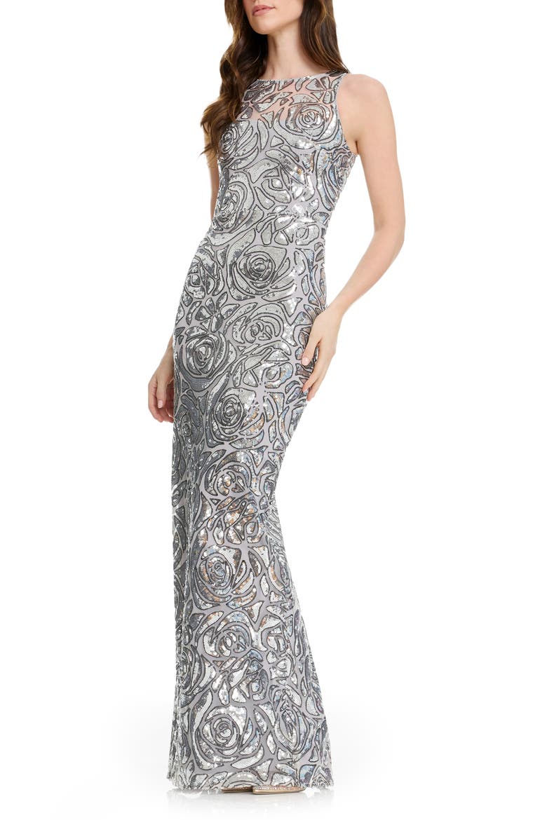 Laney Sequin Illusion Neck Column Gown, Alternate, color, SILVER MULTI