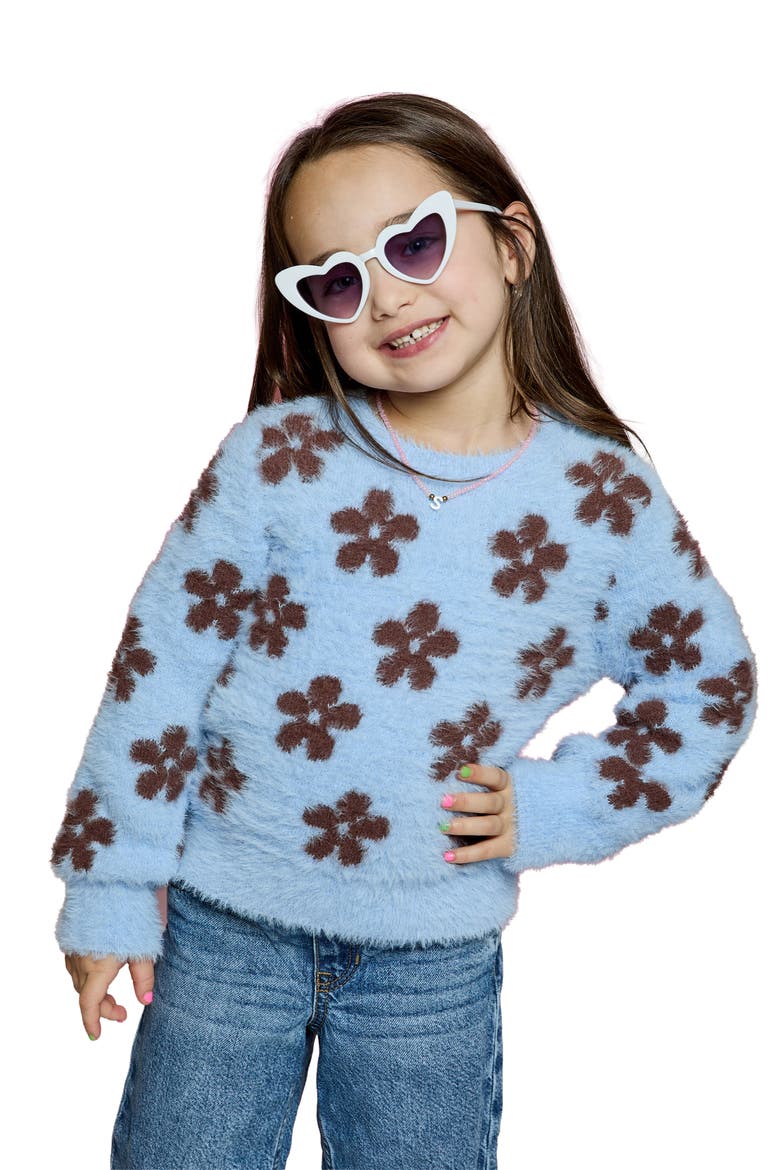 Kids' Floral Fuzzy Sweater, Main, color, BLUE TWIST COMBO