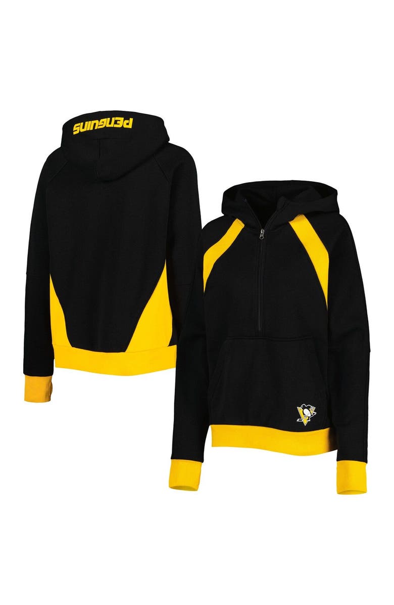 STARTER Women's Starter Black Pittsburgh Penguins Wishbone Half-Zip Hoodie, Main, color, 