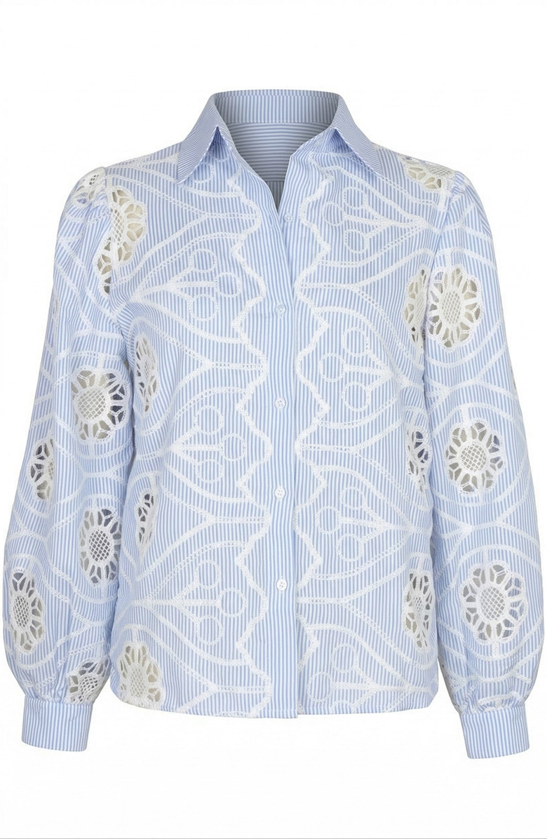 Modenaire Striped Eyelet Button Down Shirt, Alternate, color, Light Blue / White