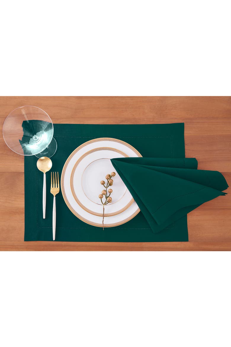 Cotton Linen Hemstitch Placemats Set of 4, 14 x 19 Inch, Main, color, Dark Green