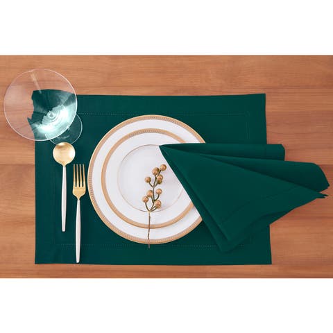 Cotton Linen Hemstitch Placemats Set of 4, 14 x 19 Inch for Dining Table, Holiday and Everyday Table Decor