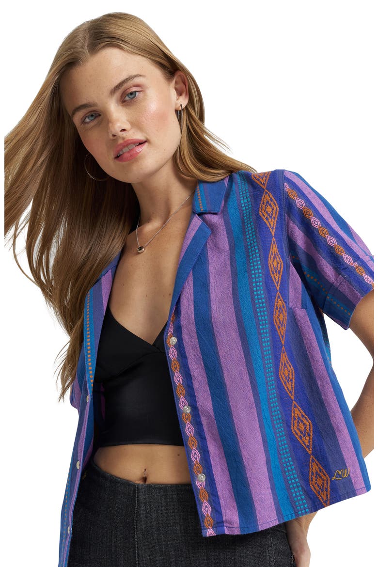 x Lainey Wilson Crop Cotton Jacquard Camp Shirt, Alternate, color, PINK