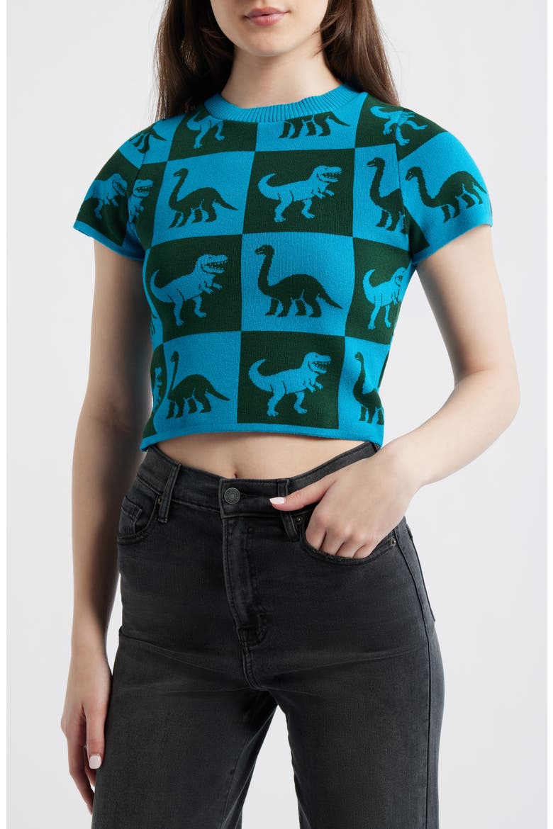 Dino Drama Sweater, Main, color, DARK GREEN AND BLUE CHECK