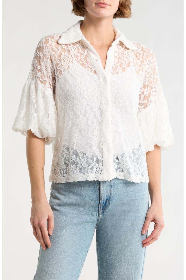 Bubble Hem Short Sleeve Lace Top, Main, color, WHITE