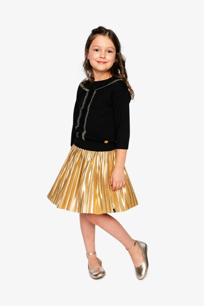 Lace Detail Crew Neck Ribbed Hem Knitted Sweater, Alternate, color, Black and Gold