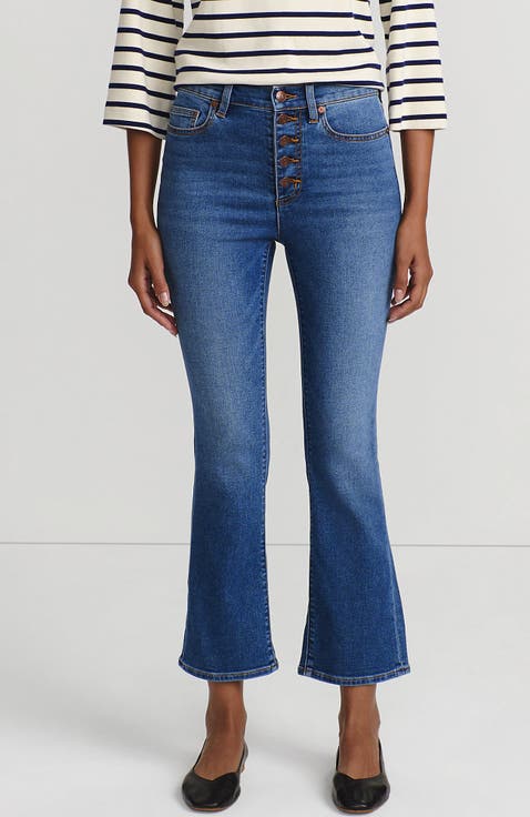 High Rise Denim Button Front Kick Flare Crop Jeans