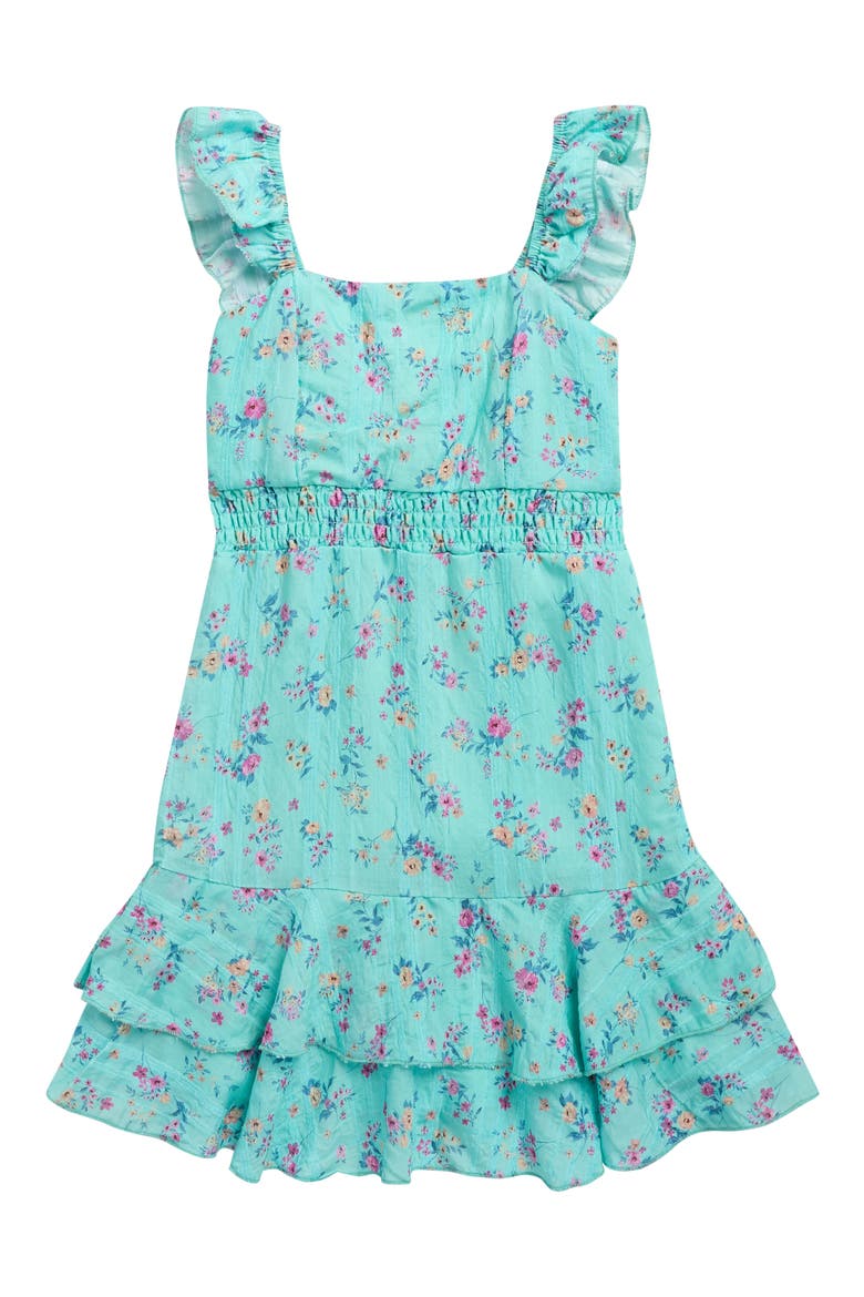 Kids' Ruffle Floral Print Dress, Main, color, AQUA