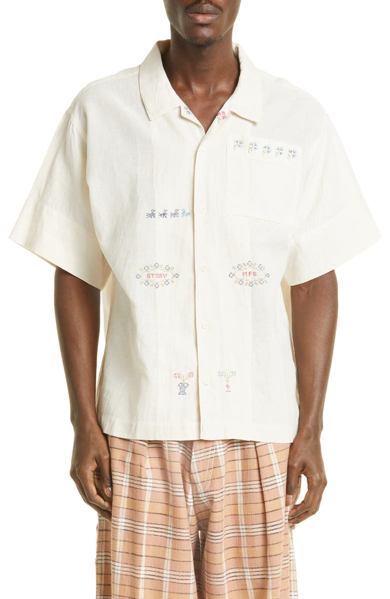 Story mfg. Greetings Hand Embroidered Floral Organic Cotton Camp Shirt, Main, color, 