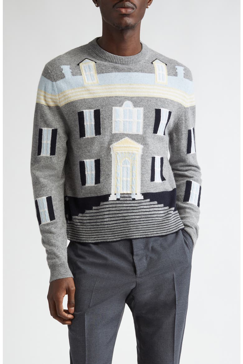 House Intarsia Virgin Wool Sweater, Main, color, LIGHT GREY