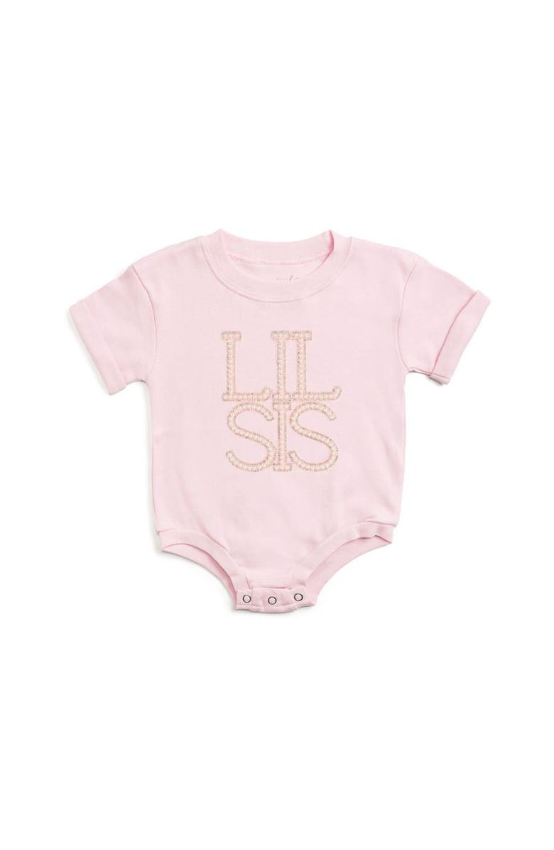 Sweet Wink Lil Sis Pearl Patch Short Sleeve Romper, Main, color, Ballet Pink