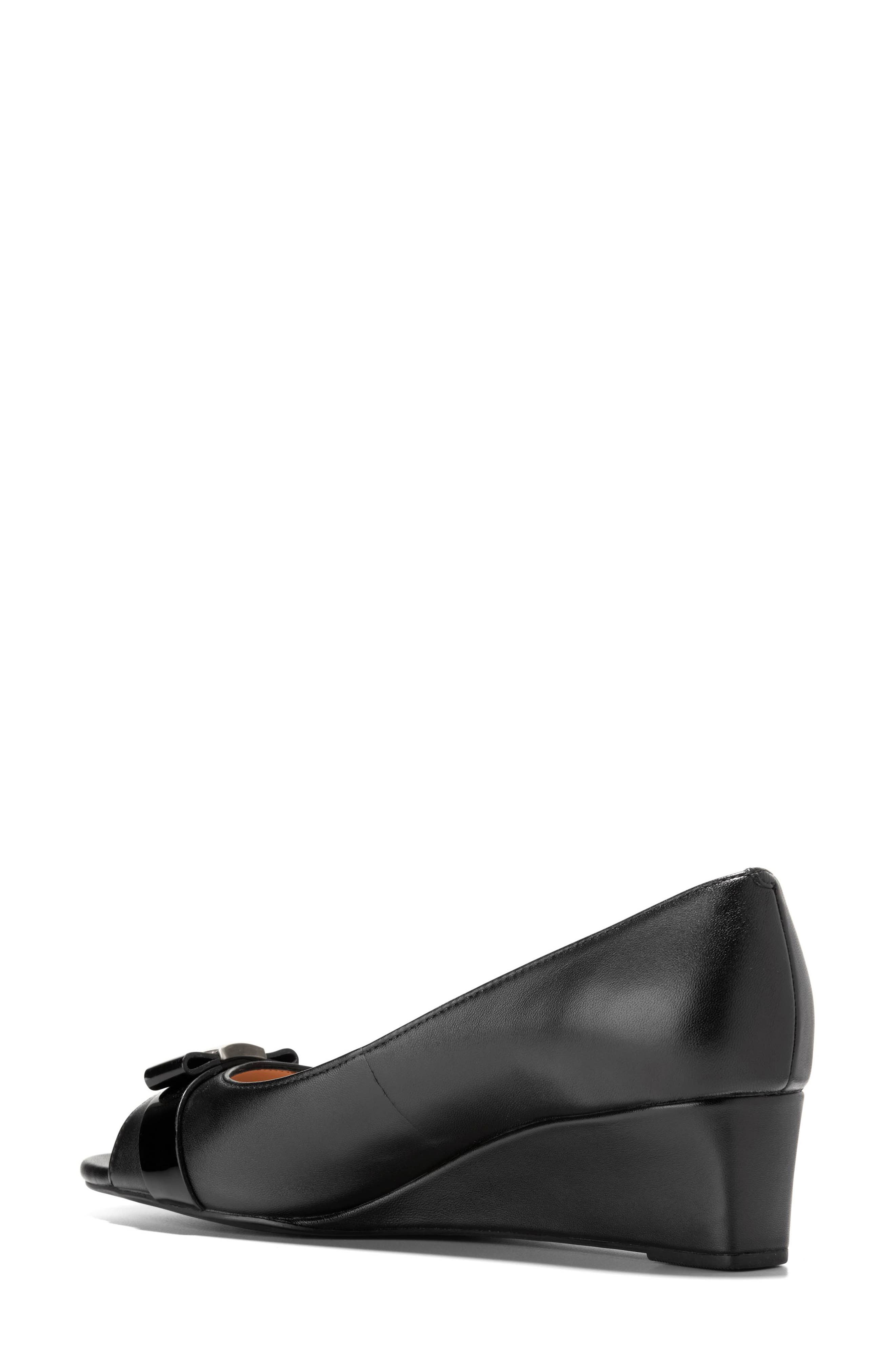 Cole Haan Go-To Malta Bow Peep Toe Wedge Pump, Alternate, color, Black Leather
