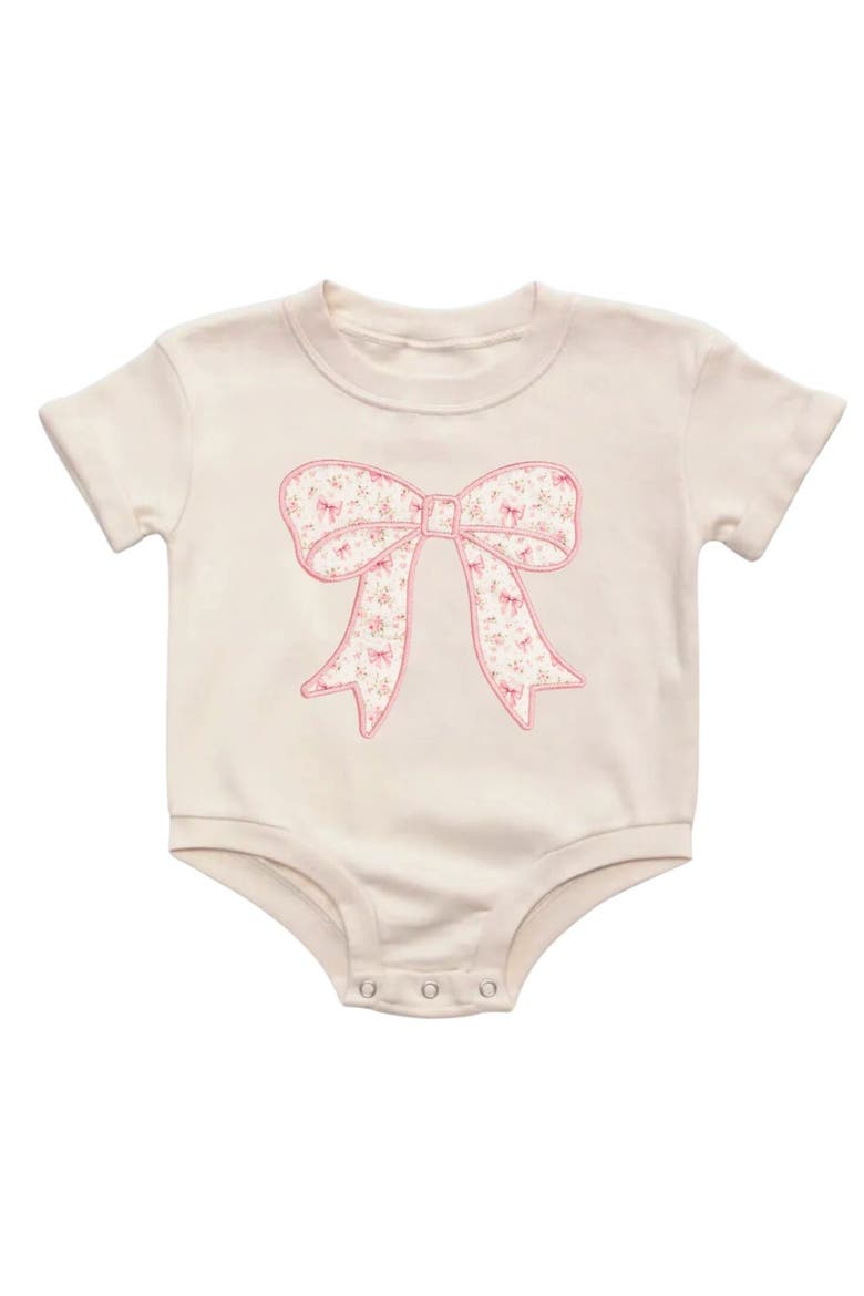 Ditsy Floral Bow Patch Short Sleeve Romper, Main, color, Natural