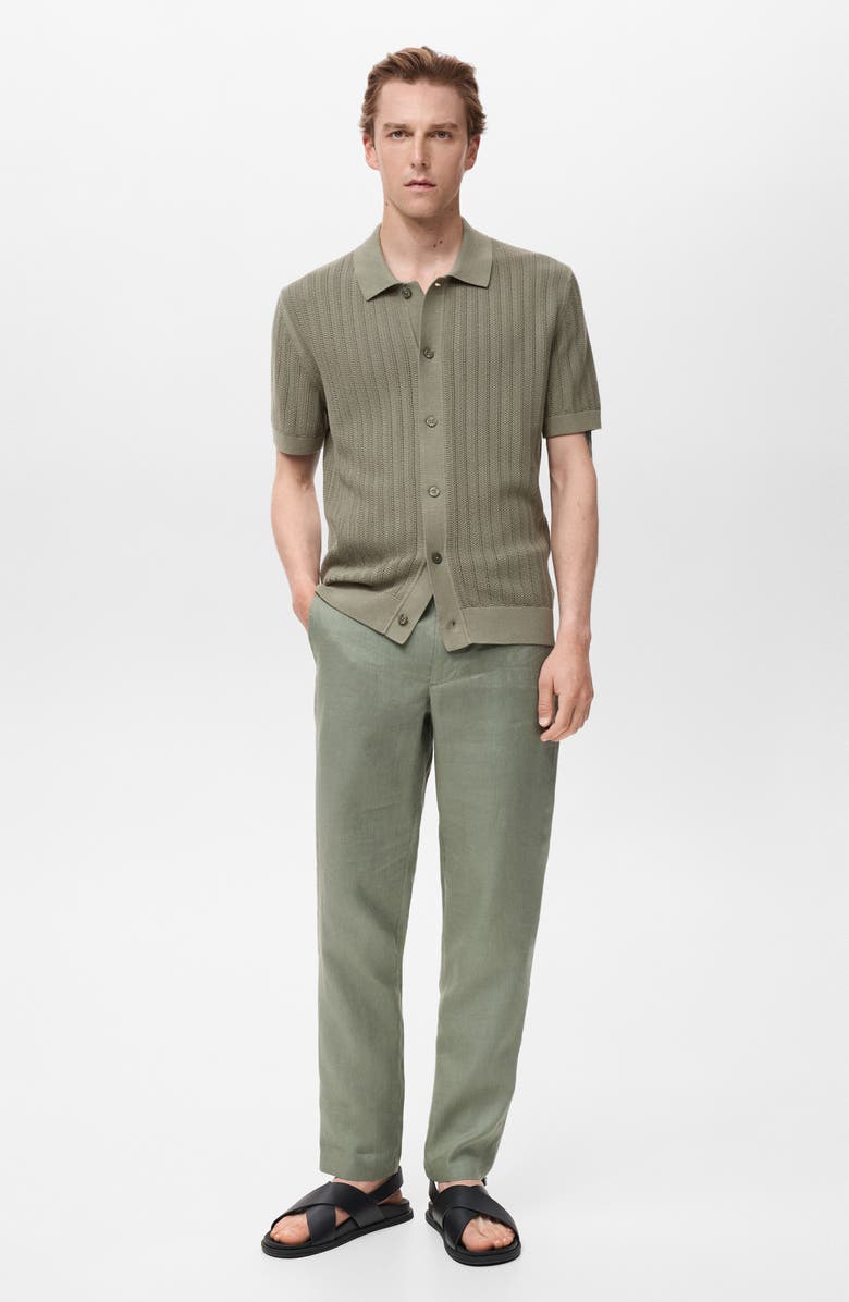 MANGO Textured Short Sleeve Knit Button-Up Shirt, Alternate, color, Khaki Green