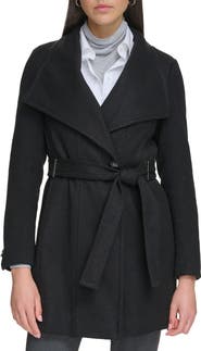 Calvin Klein Womens Asymmetrical Belted Wrap Coat Created for Macys Black Twill Xs