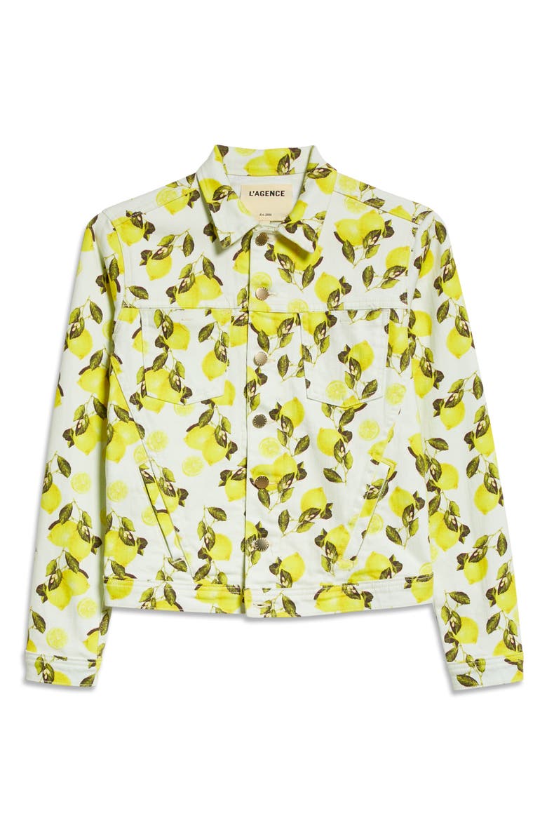 L'AGENCE Celine Lemon Print Stretch Cotton Trucker Jacket, Alternate, color, Ivory/ Yellow Lemons