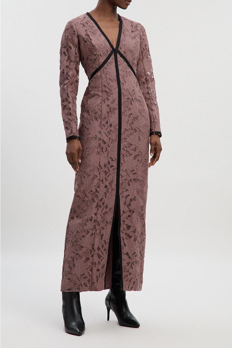 Petite V-Neck Lace Tape Maxi Dress, Alternate, color, Taupe
