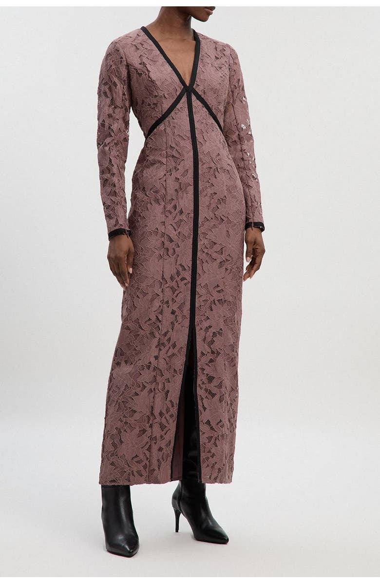 Karen Millen Petite V-Neck Lace Tape Maxi Dress, Alternate, color, Taupe