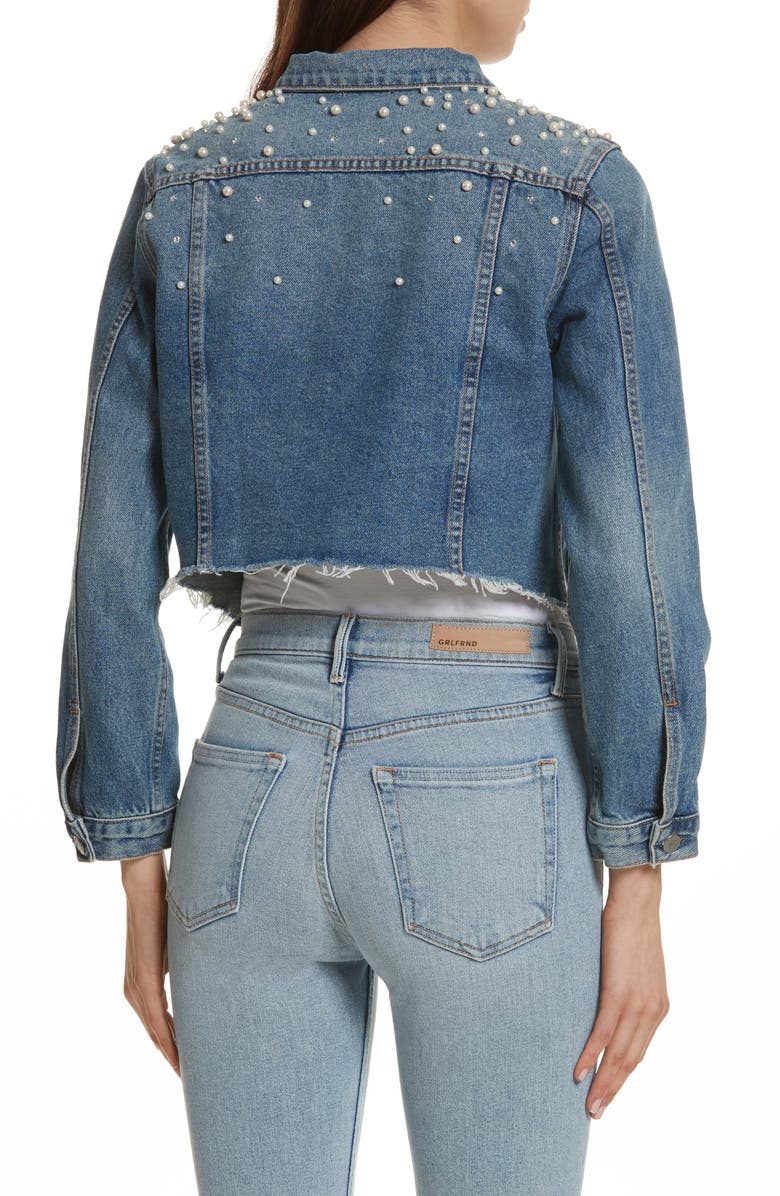 GRLFRND Eve Faux Pearl & Crystal Embellished Crop Denim Jacket, Alternate, color,