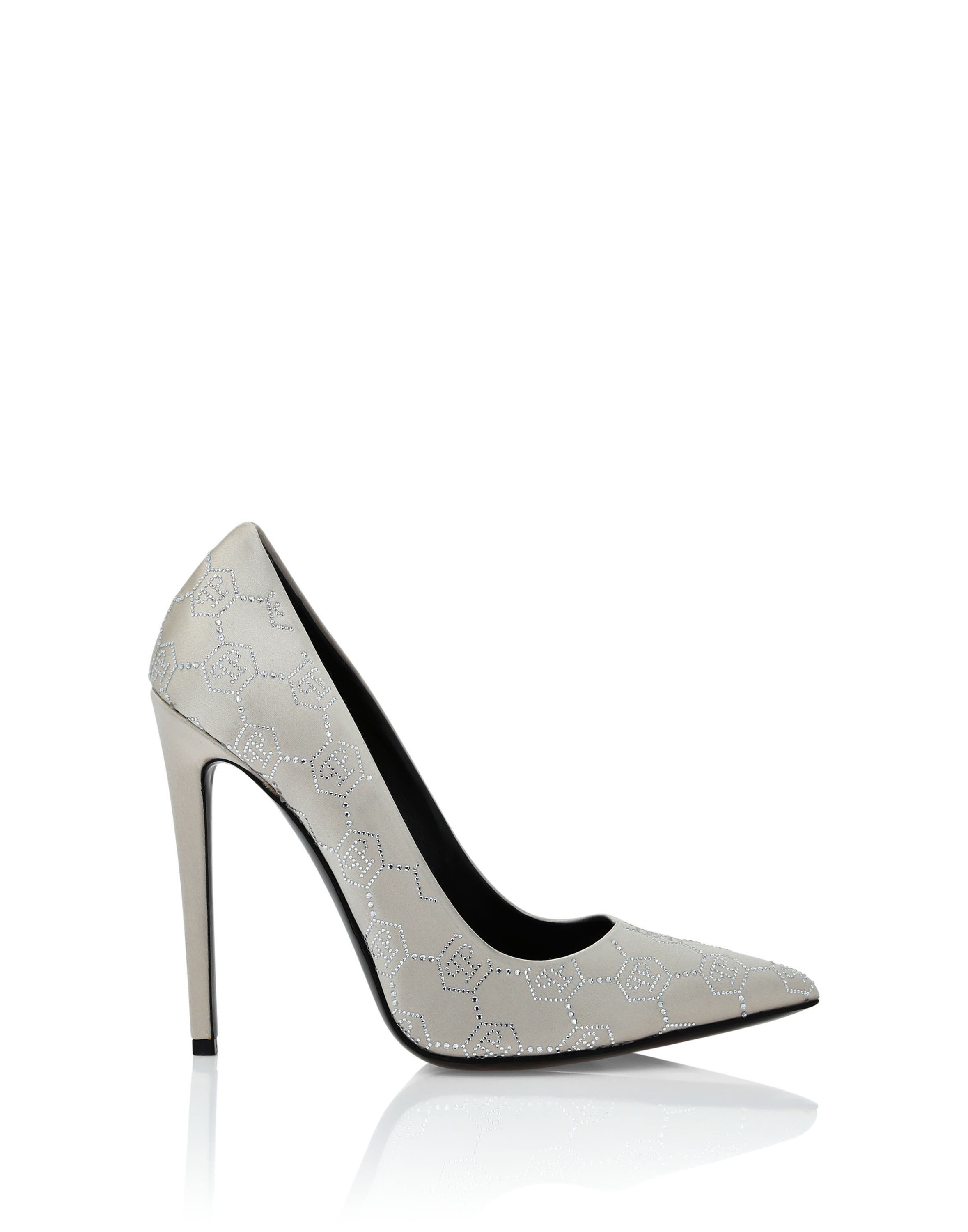 PHILIPP PLEIN Satin Decollete Hi-Heels Monogram Strass Women, Alternate, color, Beige