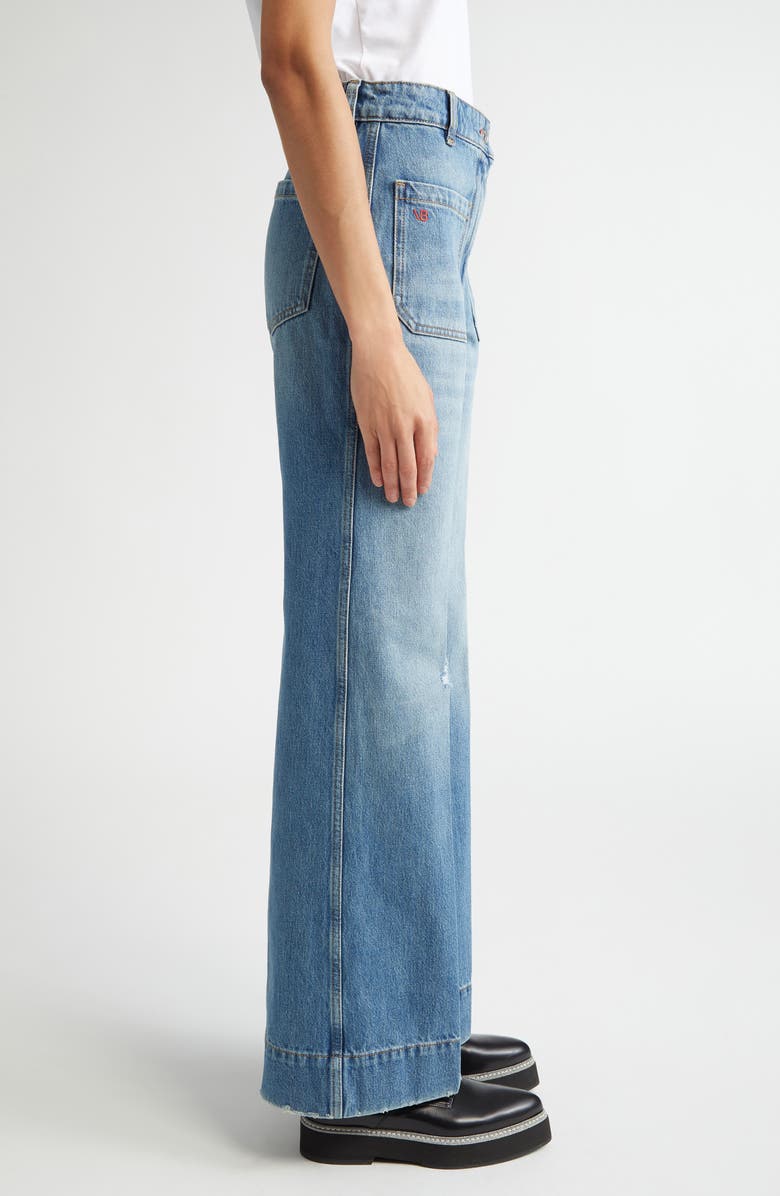 Victoria Beckham Alina High Waist Distressed Flare Jeans, Alternate, color, Worn Blue Wash