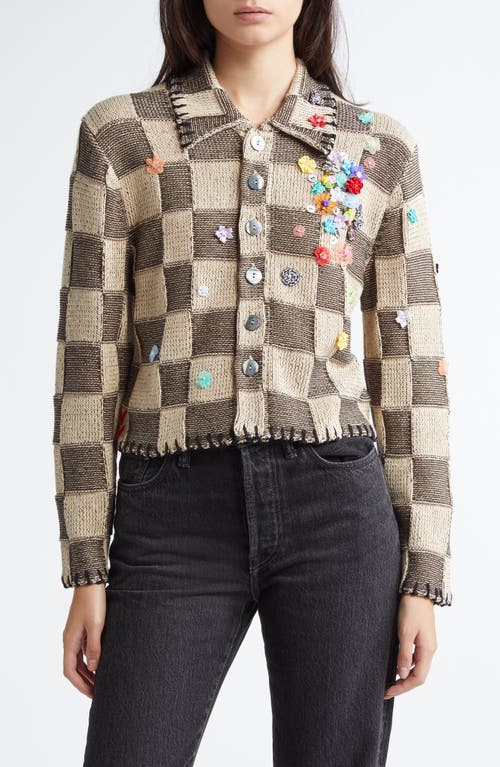 YanYan Shrunken Floral Embellished Cardigan in Brown/Oat 