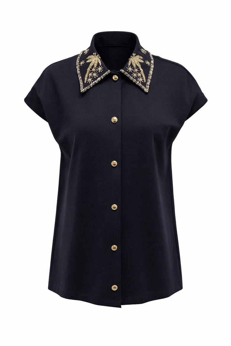 Sleeveless Regular Fit Knit Embroidered Shirt, Alternate, color, BLACK