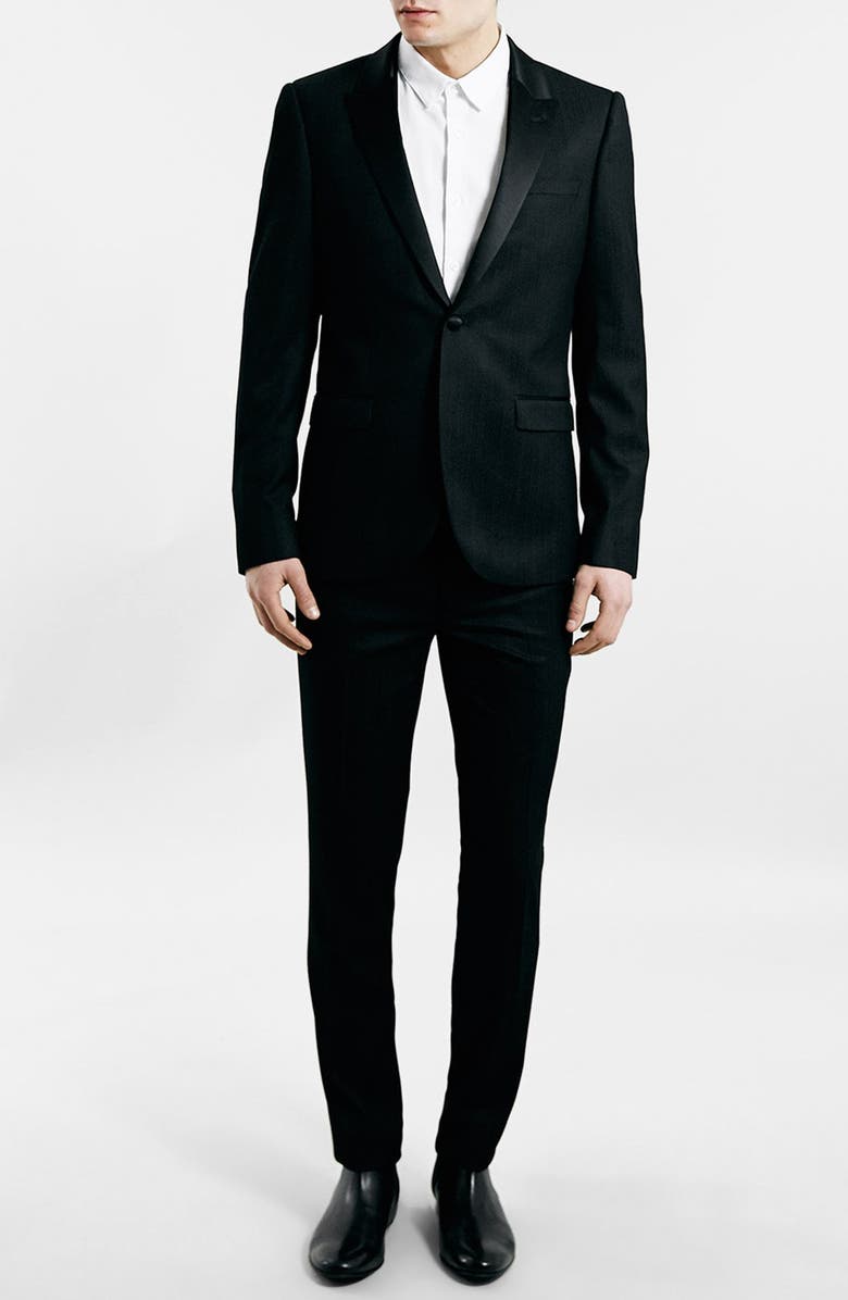 Topman Black Textured Skinny Fit Tuxedo Jacket, Alternate, color,