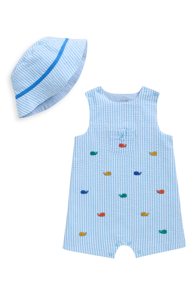 Whales Cotton Seersucker Romper & Bucket Hat Set, Main, color, BLUE