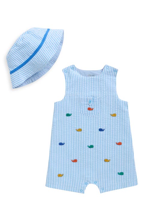 Whales Cotton Seersucker Romper & Bucket Hat Set (Baby)