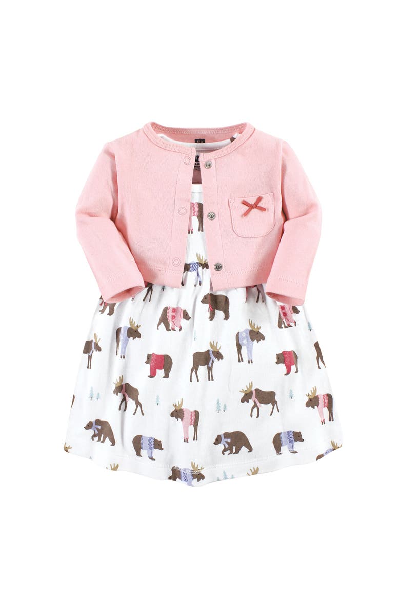 Cotton Dress and Cardigan Set, Main, color, Pink Moose Bear