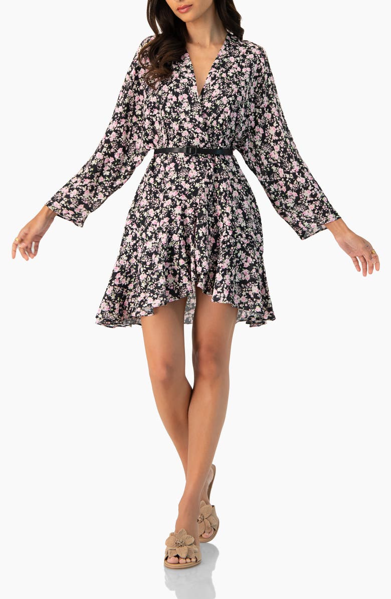 IVONNE Dolan Sleeve Short Floral V-Neck Dress, Alternate, color, Black