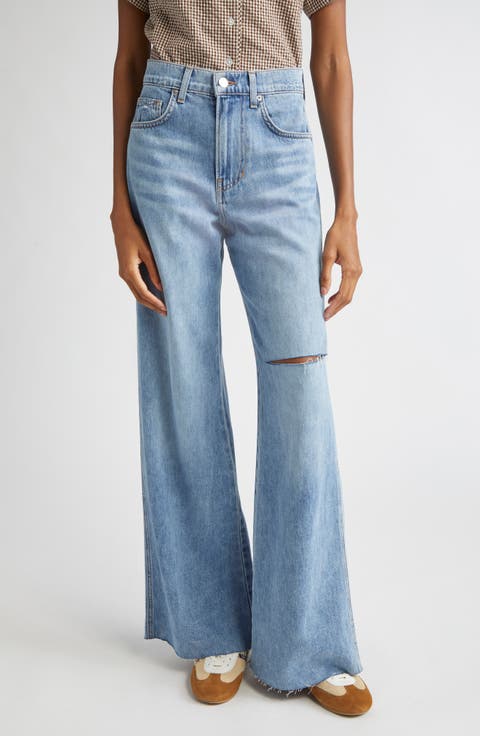 Kasey Ripped Raw Hem Mid Rise Wide Leg Jeans (Bright Lakeshore)