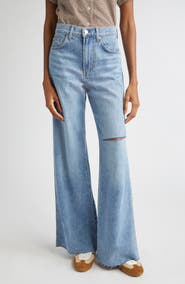 Veronica Beard Kasey Ripped Raw Hem Mid Rise Wide Leg Jeans