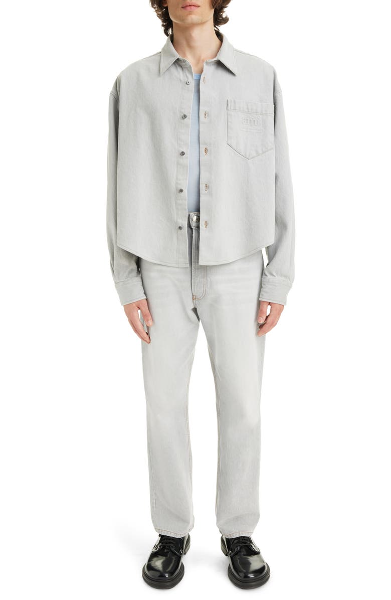 AMI PARIS Logo Embossed Denim Button-Up Shirt, Alternate, color, 