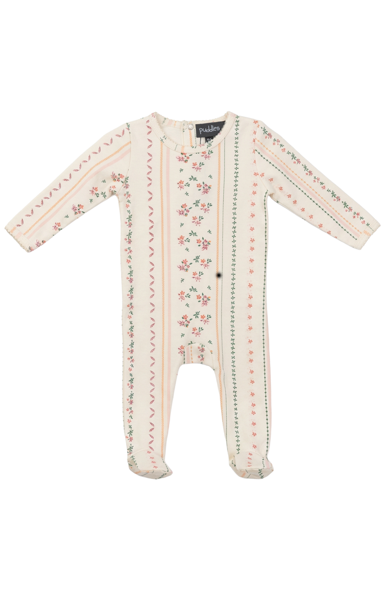 Puddles Girl Floral Cotton Rib Long Sleeve Snap Back Romper, Main, color, Pink