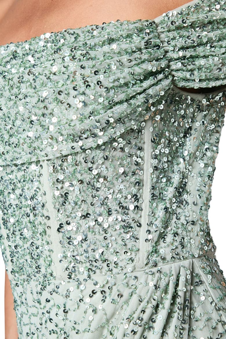 Sequin Bardot Maxi Bridesmaid Dress, Alternate, color, Sage